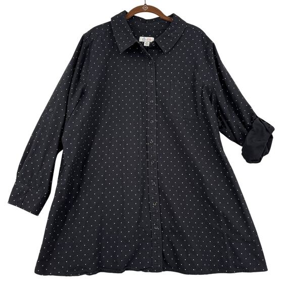 Denim & Co Tunic Blouse Size 2X Black White Polka Dot Button Up Roll Tab Sleeves - Picture 1 of 11